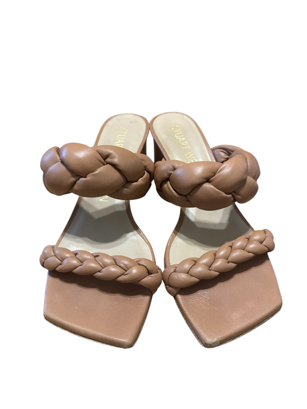 Stuart Weitzman Playa Braided Double-Strap Heeled Mules in Tan 7.5